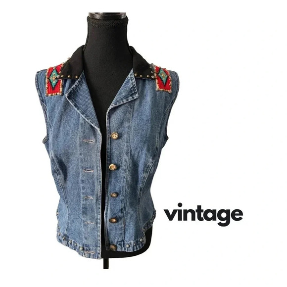 Hairston Roberson Ropa | Vintage Denim Studded Embroidered  Vest | Size S - Picture 1 of 10